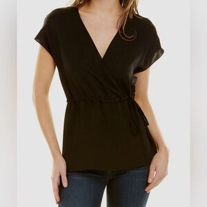 Theory Women's Black Silk Wrapped-Front Blouse Top Size S